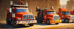 there are three trucks that have yellow tires,several large trucks are lined up on the side of a street