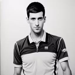 black and white photograph of man wearing polo shirt