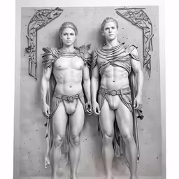 two statues, one male and one female, are featured in black and white