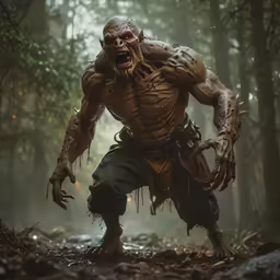 a character from the movie masters of the universe standing in front of some trees