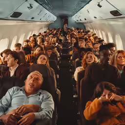 an airplane filled with people sitting down next to each other