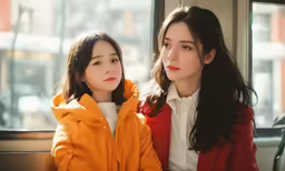 two girls, one sitting and the other staring off in a window