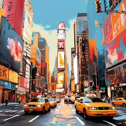 a painting of taxi cabs on a city street