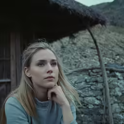 woman in blue sweater looking away with hut behind