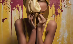 a woman in a yellow dress stands with her arms crossed