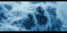 the large bunch of snow is piled against the snowy tree limbs