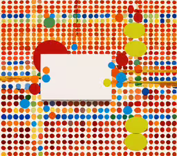 an abstract dot pattern with some white paper,a white sheet sitting on top of a colorful dotted wall