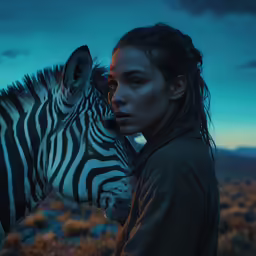 a woman is posing with her arm around a zebra