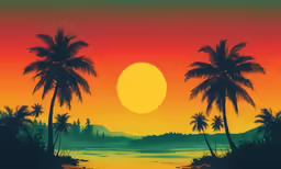 the palm trees are silhouetted by the setting sun
