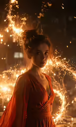 a beautiful young lady in an orange dress holding firecrash