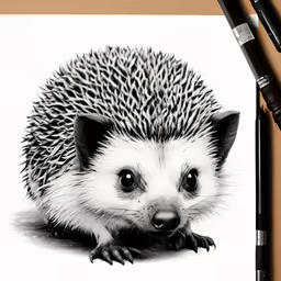 a black and white drawing of a hedgehog