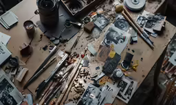 an art supply desk with various objects on top