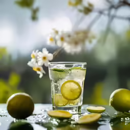 a close up of a glass with liquid on the top and lemon slices surrounding it
