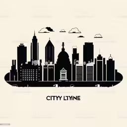 a skyline of the city with tall buildings and clouds,an illustrated city with buildings in black and white