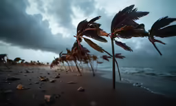 a beach scene with some trees in the sand