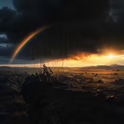 a dark sky and a rainbow on the horizon