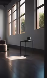 a chair and table sitting in front of three windows