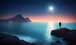man standing on rocky shoreline in the ocean at night