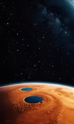 a large red planet with three small round holes
