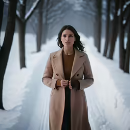 the woman in the brown coat is standing alone in the snow