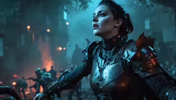 a woman in armor and other costumes with flames
