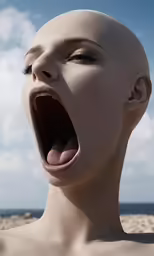 a dummy with its mouth open on a beach