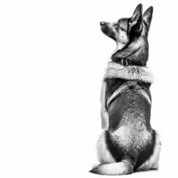 black and white image of a dog sitting on its hind legs