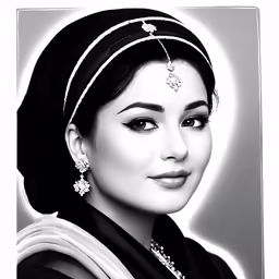 black and white photograph of a woman wearing headdress