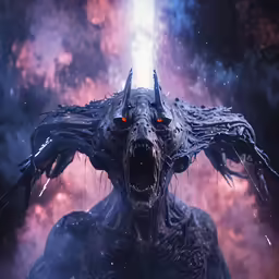 a demonic creature staring at the viewer with huge teeth