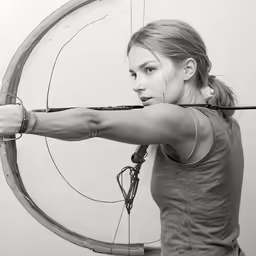 a woman holding an arrow over the shoulder