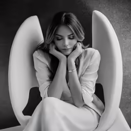 a woman sitting on top of a couch next to a white chair