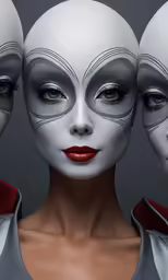 four woman with white faces and grey masks