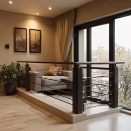 a living room with couches, chairs and a balcony