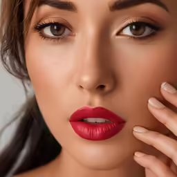 a close up of a woman with bright red lipstick