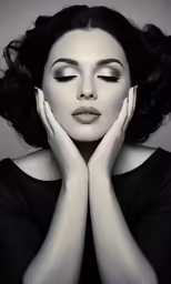 a woman is posing with her hands on her cheeks