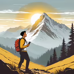 a man standing on top of a mountain looking at a digital camera