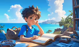 an animated man reading a book in front of the ocean