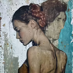 a painting of two people with an umbrella