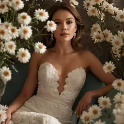 a bride sitting in a blue chair with white flowers