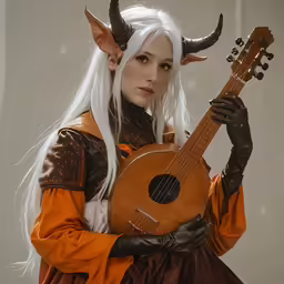 a woman dressed in costume and holding a guitar