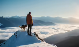 a person and dogs standing on a hill covered in snow