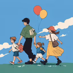 a man walking with two children and holding balloons