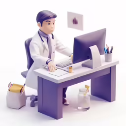 a toy of a doctor working on a computer