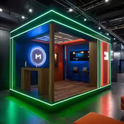the inside of an indoor shop with neon lights