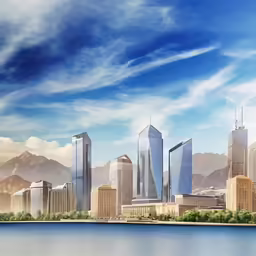 a picture of some very tall buildings by a lake