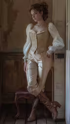 an elegant woman in renaissance garb and boots poses for the camera,a girl in a vintage looking outfit posing in a room