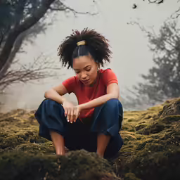a woman crouches and looks down on the moss covered ground near the woods