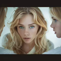 a close - up shot of three young women with blue eyes looking to their left,a close up of a woman with three other women near her