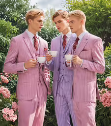 three men in pink pinstripe suits with cups,three men in suits drink out of cups
