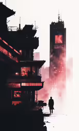 silhouette of person in front of city skyline with red light